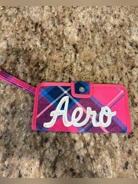 Aeropostale Aero Pink Blue Plaid Wristlet Fabric Sequin Sparkle Logo Wallet